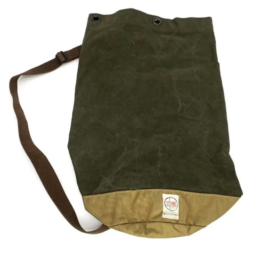 TM1985 Brooklyn Green/Tan Top Load Over Shoulder Duffle Military Bag Made In USA